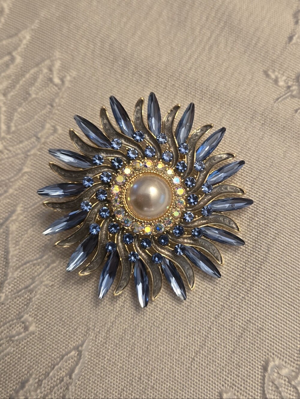 Gold-Tone Blue Crystal and Pearl Sunburst Brooch